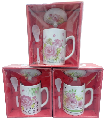 TAZAS DE CERAMICA CON TAPA Y CUCHARITA